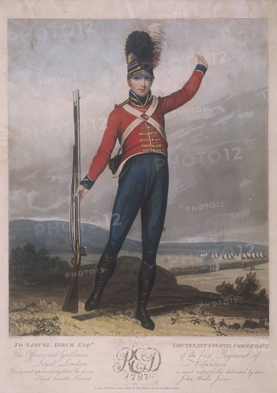 Military figure wearing the uniform of the first regiment of Loyal London Volunteers, 1797. Artist: J Green