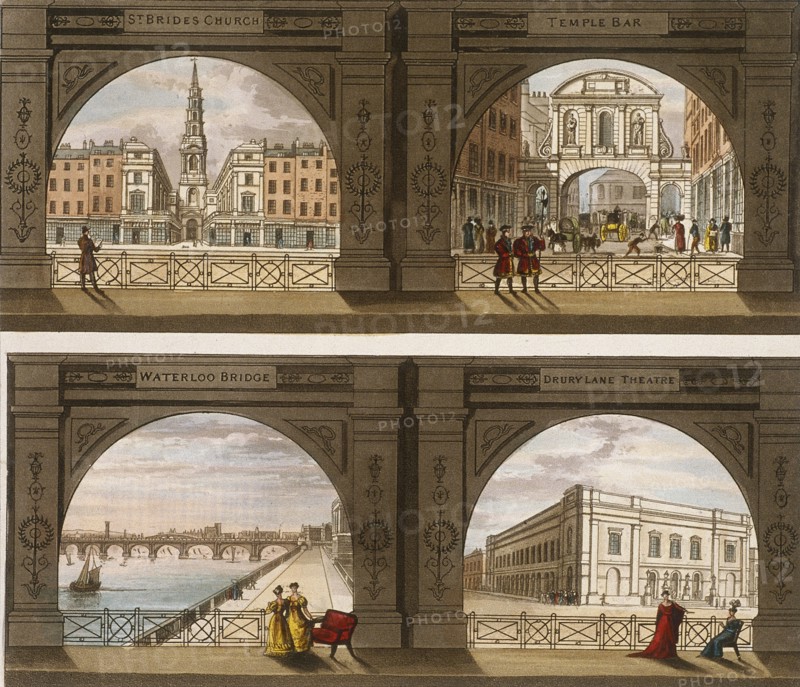 Four views of London sites seen through an arch, c1820. Artist: Anon