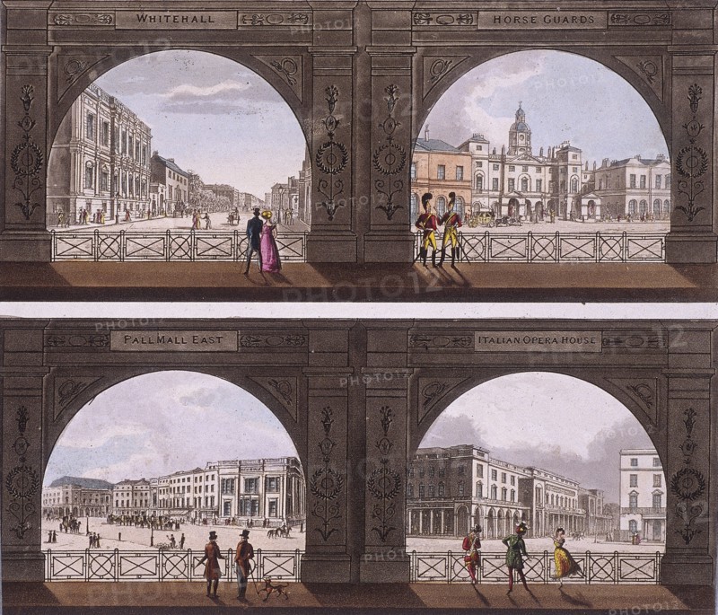 Four views of London sites seen through an arch, c1820. Artist: Anon