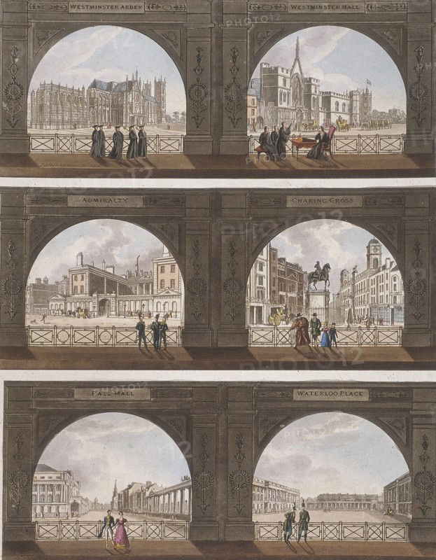 Six views of London sites seen through an arch, c1820. Artist: Anon