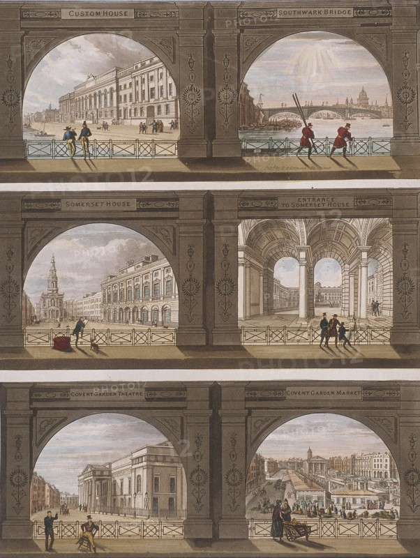 Six views of London sites seen through an arch, c1820. Artist: Anon