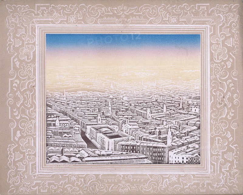 Aerial view of London with decorative border, c1845. Artist: Kronheim & Co