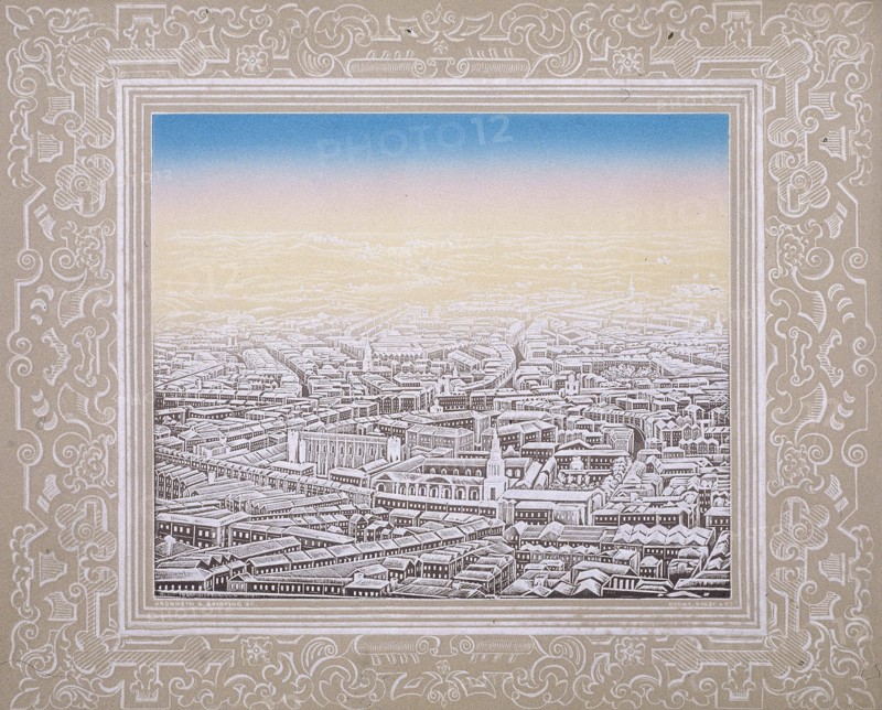 Aerial view of London with decorative border, c1845. Artist: Kronheim & Co