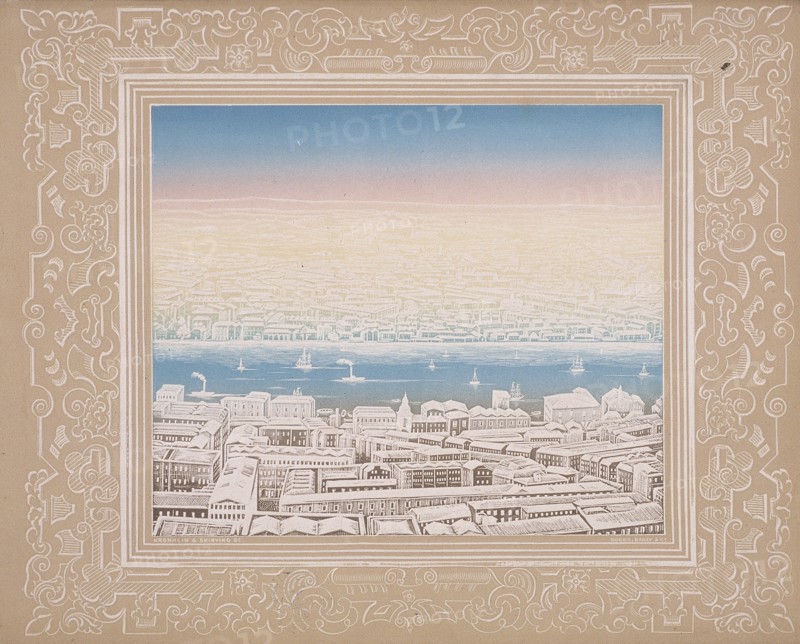 Aerial view of London with decorative border, c1845. Artist: Kronheim & Co