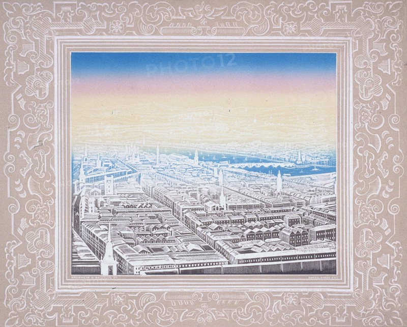 Aerial view of London framed in a decorative border, c1845. Artist: Kronheim & Co