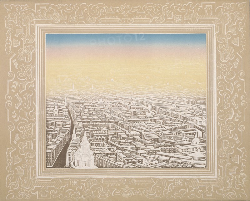 Aerial view of London framed in a decorative border, c1845. Artist: Kronheim & Co