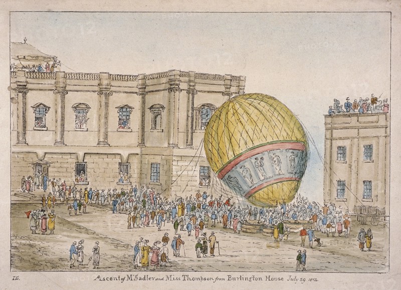 Hot air balloon in the courtyard of Burlington House, Piccadilly, Westminster, London, 1814. Artist: James Gillray