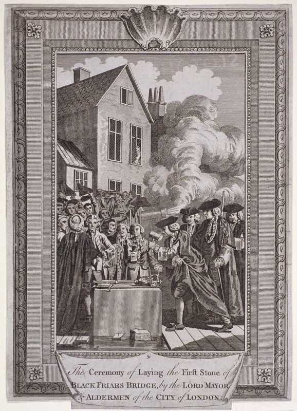 Laying the first stone of Blackfriars Bridge, London, 1760. Artist: Anon