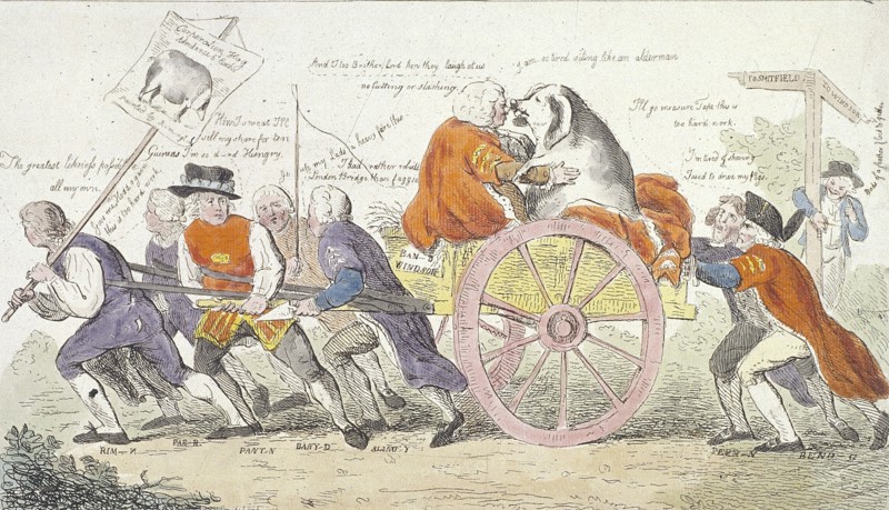 'The Corporation hog's journey to Smithfield in stile or aldermen turned pig show men., 1790. Artist: Isaac Cruikshank