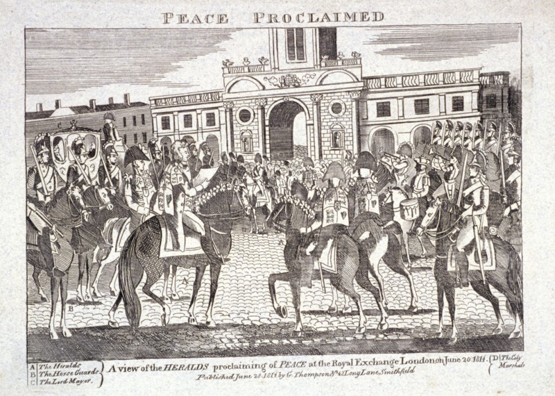 Heralds reading proclamation of peace, Royal Exchange, London, June 28th 1814. Artist: Anon