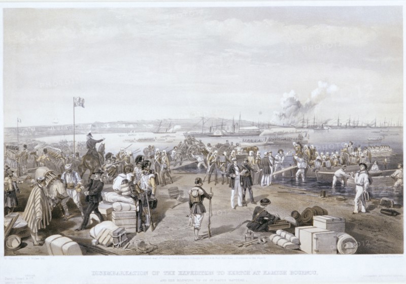 'Disembarkation of the Expedition to Kertch at Kamish Bournou', 1855. Artist: E Walker