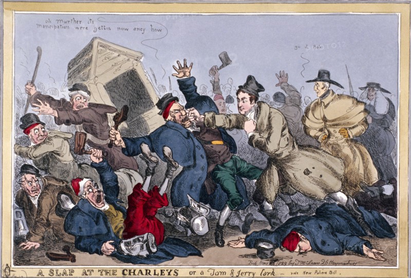 'A slap at the Charleys or a Tom & Jerry lark, vide New Poliece Bill', 1829 Creator: William Heath.