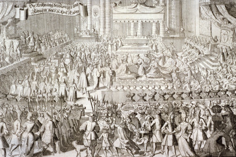 Coronation of William III and Mary II in Westminster Abbey, London, 1689. Artist: Anon