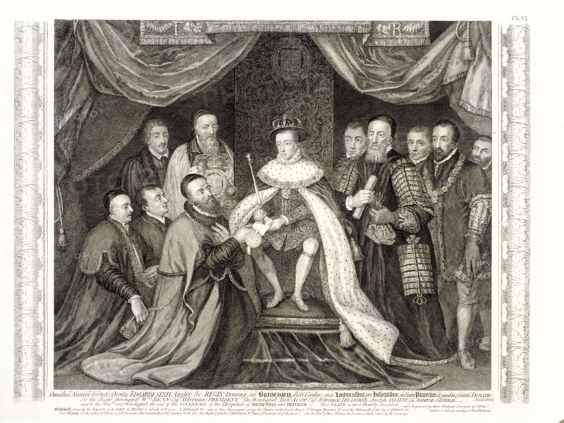 King Edward VI signing a charter, 1552, (1750). Artist: George Vertue