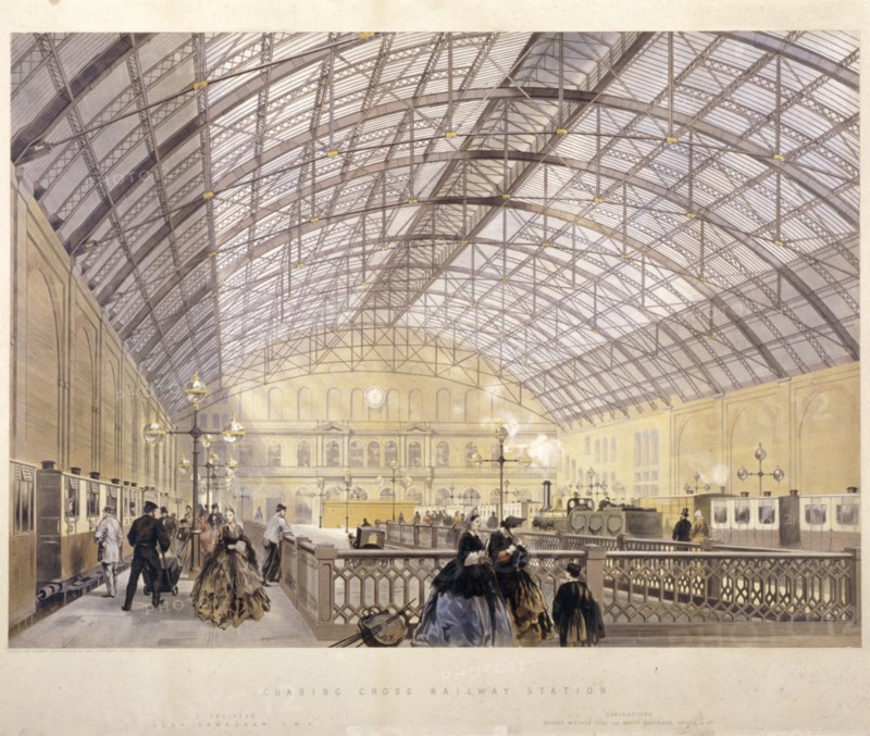 Interior of Charing Cross Station showing trains and the iron roof, London, c1890. Artist: Kell Brothers