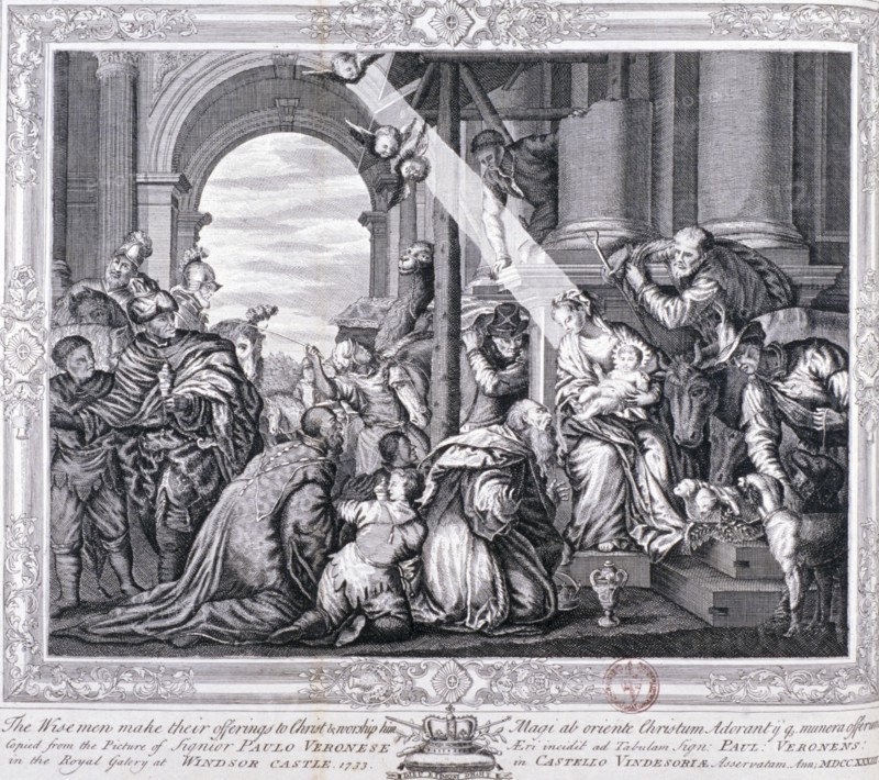 The Three Wise Men make their offerings to Christ and worship him, 1733. Artist: Anon