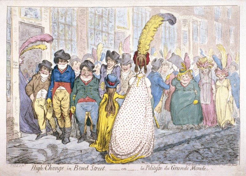 Five fashionably dressed men advance along Old Bond Street, Westminster, London, 1796. Artist: James Gillray
