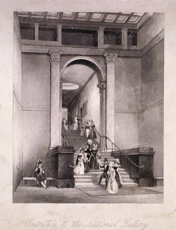 Entrance to the National Gallery in Trafalgar Square, Westminster, London, c1830. Artist: Anon