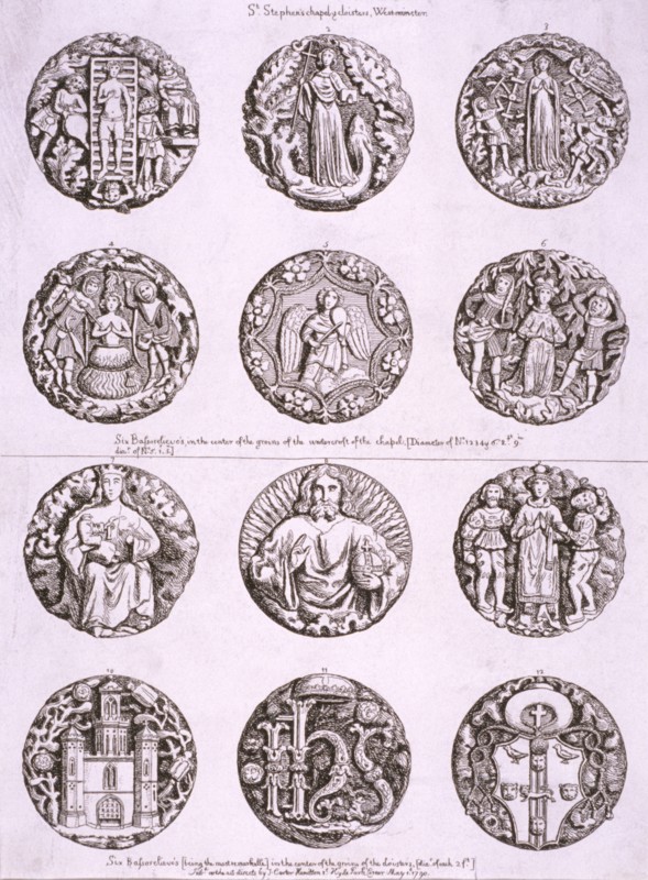Six bosses on the vaulting of the undercroft and cloisters of St Stephen's Chapel, 1790. Artist: Anon