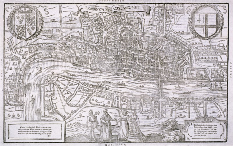 Map of the City of London and City of Westminster with four figures in the foreground, (c1572?). Artist: Anon