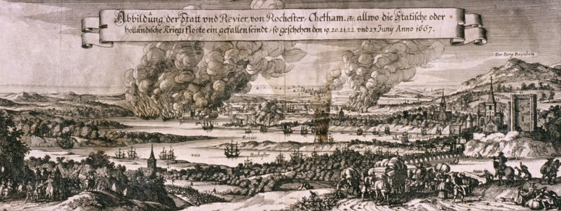 Dutch fleet sailing up the Medway River to bombard Chatham and Rochester in 1667, c1667. Artist: Anon
