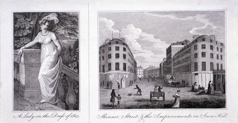 Woman in a dress and London street scene, 1803. Artist: Anon