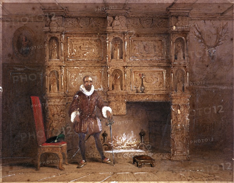 Possibly Sir John Spencer in Canonbury House; or Sir Walter Raleigh in the Old Pied Bull Inn, Islington, London, 1849. 19th century representation of an Elizabethan scene. The Pied Bull is the site where Sir Walter Raleigh is reputed to have first smoked tobacco.