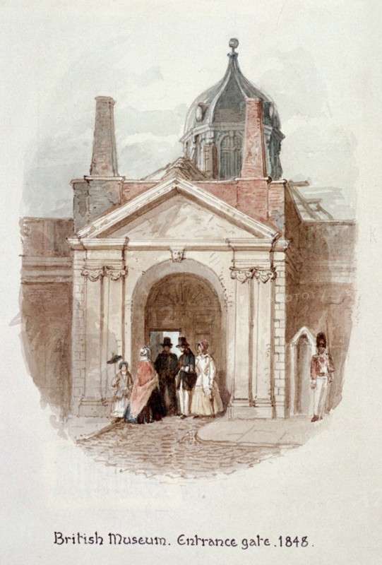 British Museum, entrance gate, 1848. Artist: James Findlay