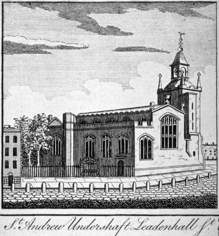 Church of St Andrew Undershaft, Leadenhall Street, London, c1750. Artist: Anon