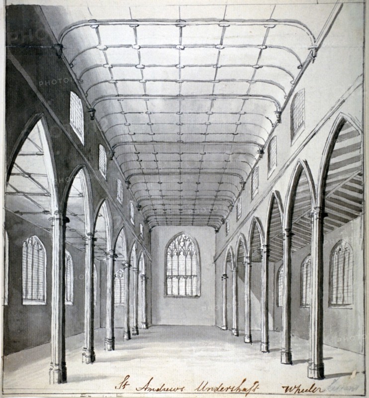 Interior view of the Church of St Andrew Undershaft, Leadenhall Street, London, c1820(?). Artist: Wheeler