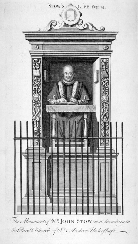 Monument to John Stow in St Andrew Undershaft, City of London, c1750. Artist: Anon
