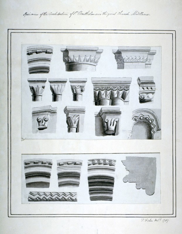 Architectural features in the Church of St Bartholomew-the-Great, Smithfield, City of London, 1789. Artist: Thomas Fisher