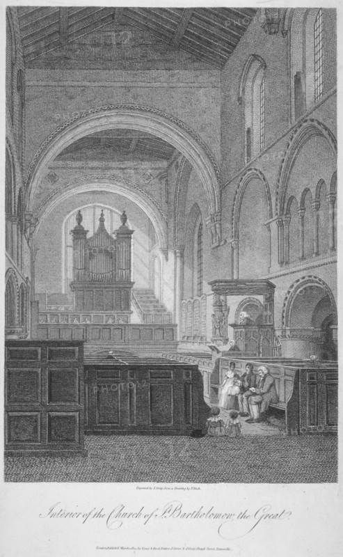 Interior view of the Church of St Bartholomew-the-Great, Smithfield, City of London, 1805. Artist: John Greig