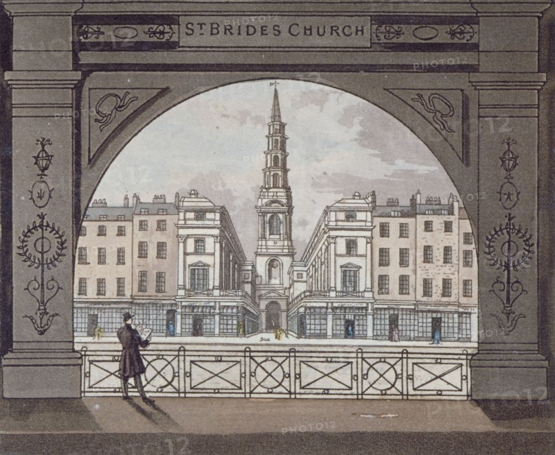 View of St Bride's Church, Fleet Street, through an archway, City of London, 1820. Artist: Anon