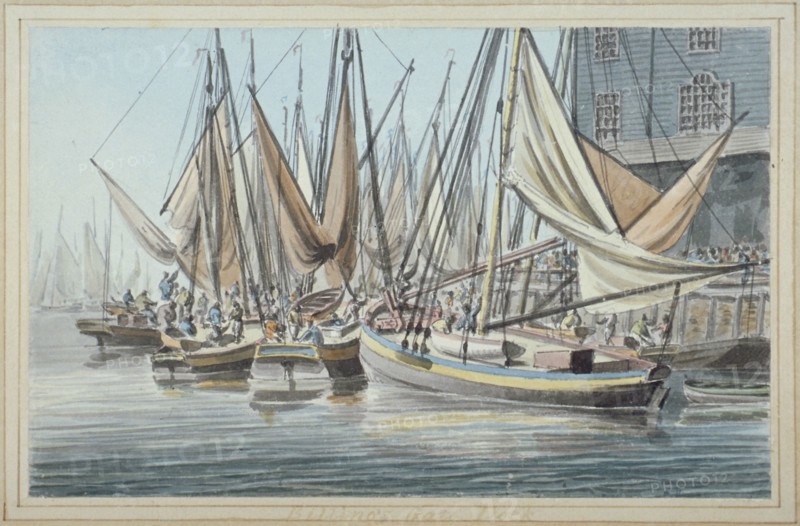 View of Billingsgate wharf with boats on the water, City of London, 1790. Artist: Robert Clevely