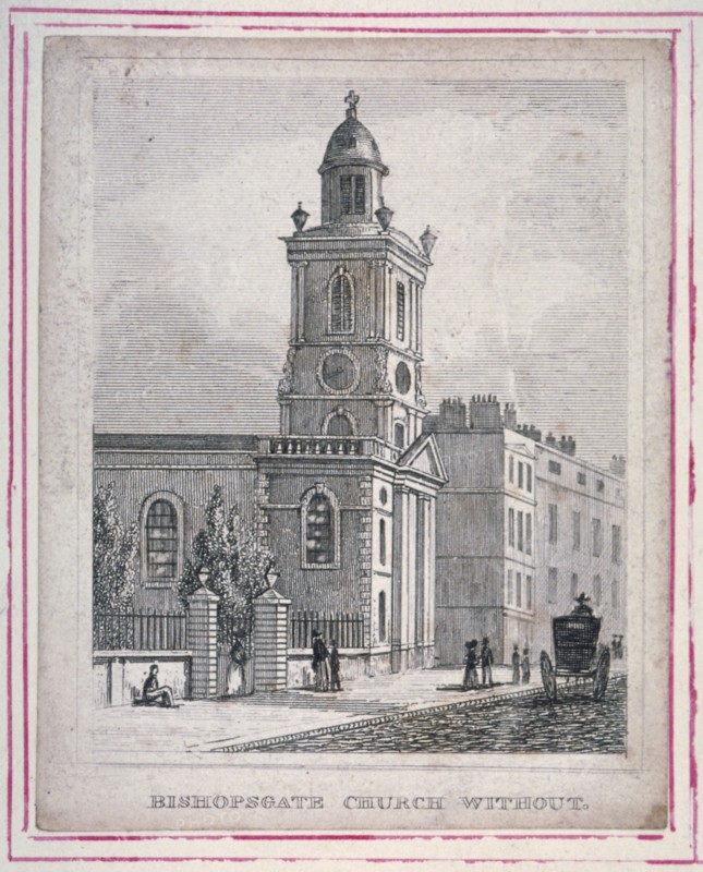 View of the Church of St Botolph without Bishopsgate, City of London, 1830. Artist: Anon