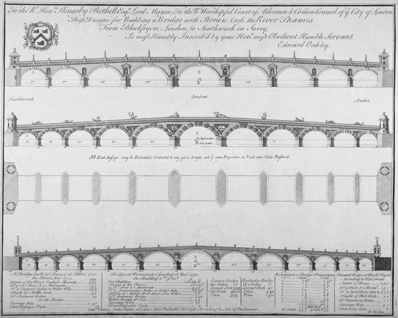 Three designs by Edward Oakley for Blackfriars Bridge, 1756. Artist: Benjamin Cole