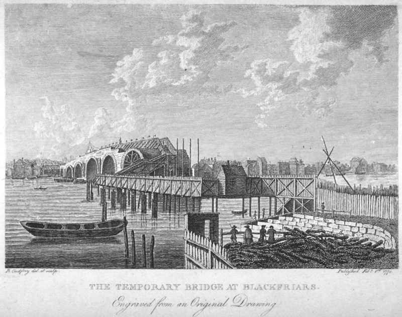 View of Blackfriars Bridge under construction, London, c1762 (1775). Artist: RB Godfrey