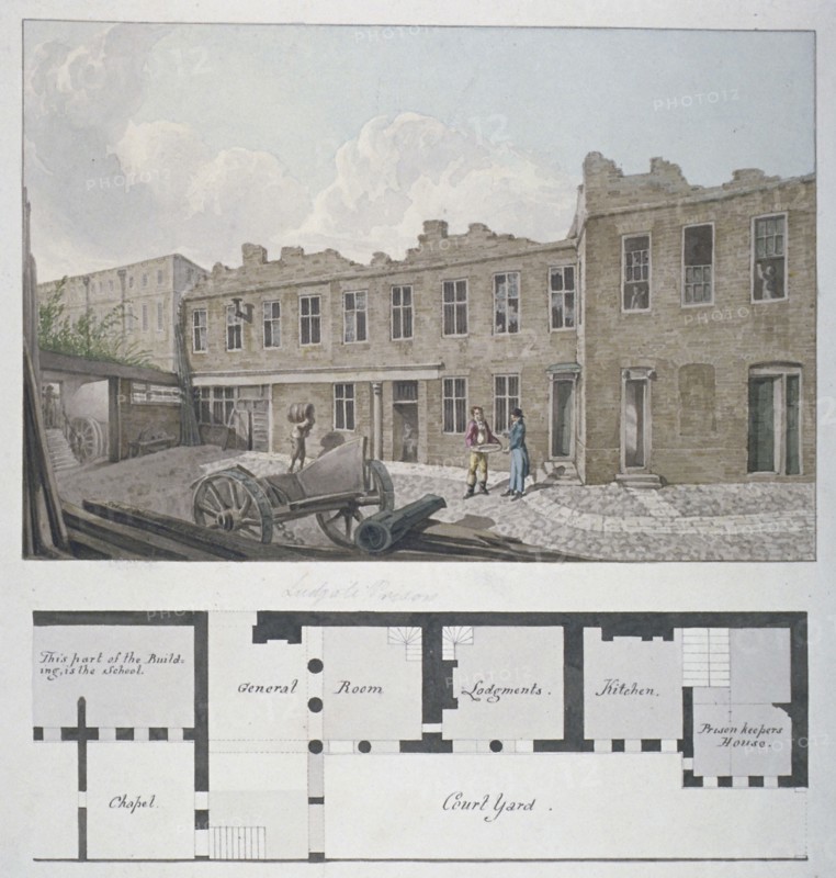 Ludgate Prison with a plan of the London Workhouse, Bishopsgate, beneath, City of London, 1818.