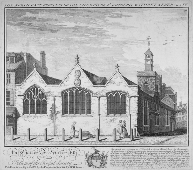 North-east view of the Church of St Botolph Aldersgate, City of London, 1740. Artist: William Henry Toms
