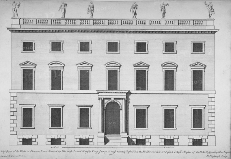 Elevation of the west front of the Rolls Office, Chancery Lane, City of London, 1718. Artist: Hendrick Hulsbergh