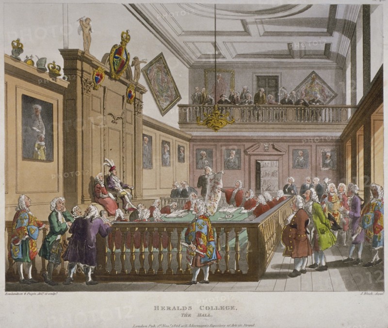 Interior view of the College of Arms' Hall with figures engaged in discussion, City of London, 1808.