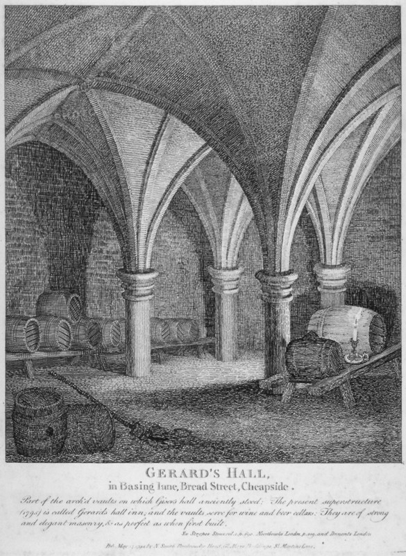 Crypt under Gerard's Hall on the south side of Basing Lane, City of London, 1795. Artist: John Thomas Smith