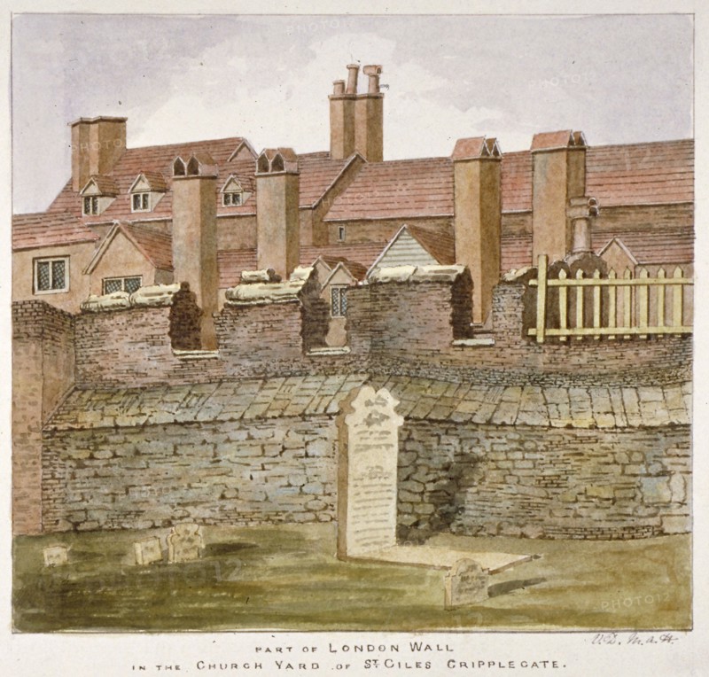 Remains of London Wall in the churchyard of St Giles without Cripplegate, City of London, 1825. Artist: Valentine Davis