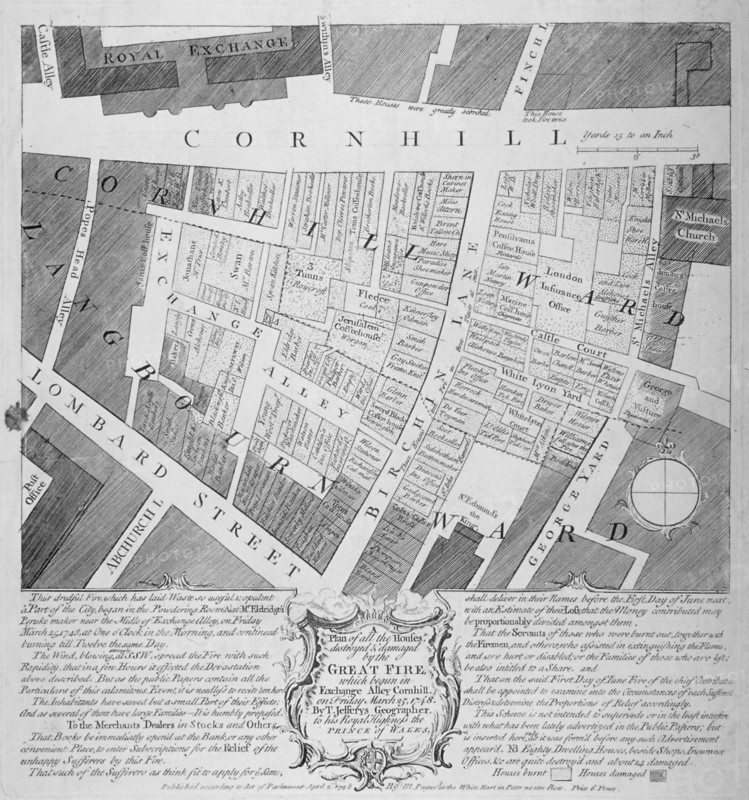 Plan of buildings destroyed in Cornhill by fire which began in Exchange Alley March 25th, 1748. Artist: Anon