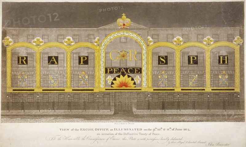 View of the Excise Office, Old Broad Street, City of London, as illuminated in June 1814. Artist: Anon