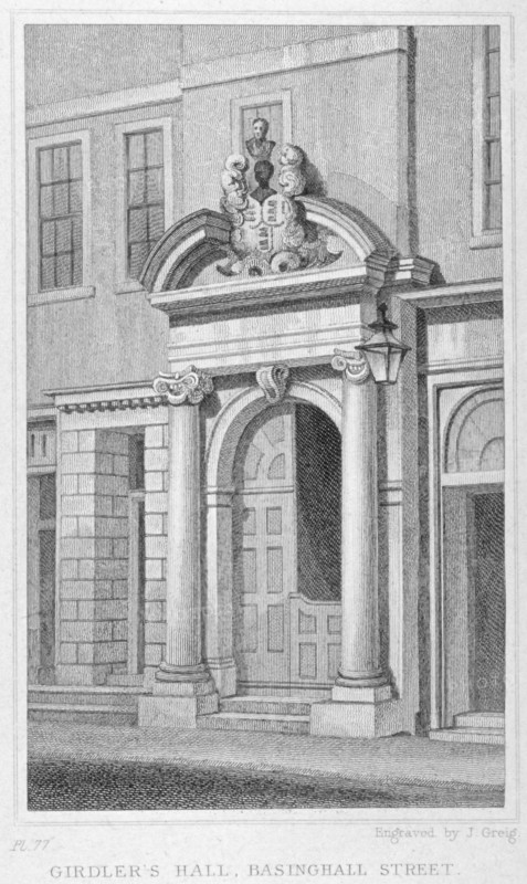 Entrance to Girdlers' Hall, Basinghall Street, City of London, 1830. Artist: John Greig