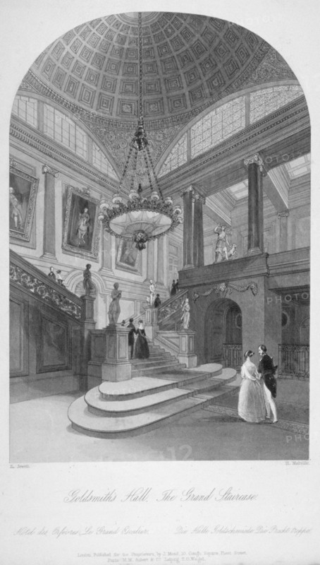 Interior view of the Goldsmiths' Hall showing the grand staircase, City of London, 1840. Artist: Harden Sidney Melville