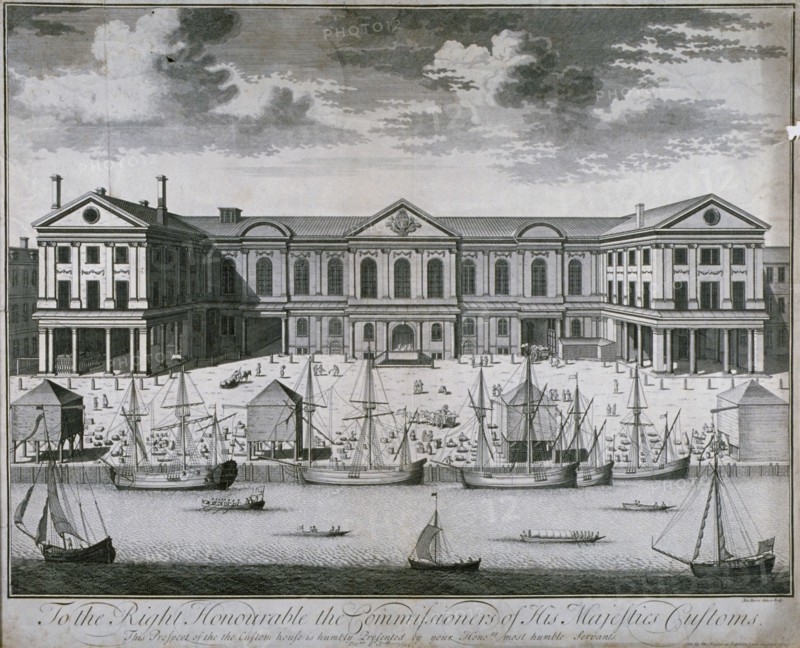 The Custom House from the River Thames, as it was in 1714, 1715. Artist: John Harris