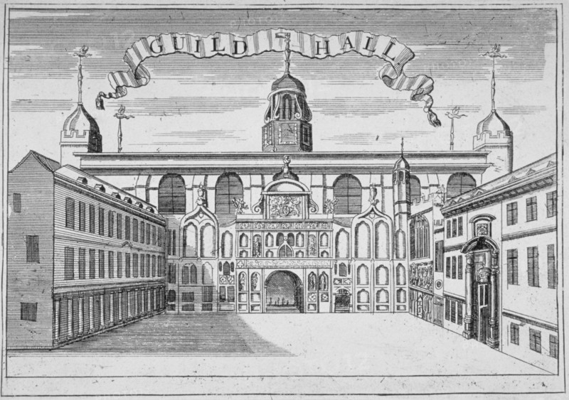 Front view of the Guildhall, looking north across Guildhall Yard, City of London, 1700. Artist: Anon